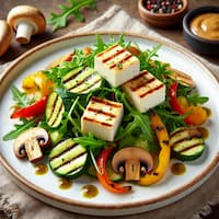 Салат с жареным сыром халуми и горчично-трюфельным соусом для фуршета в Алматы, кейтеринг